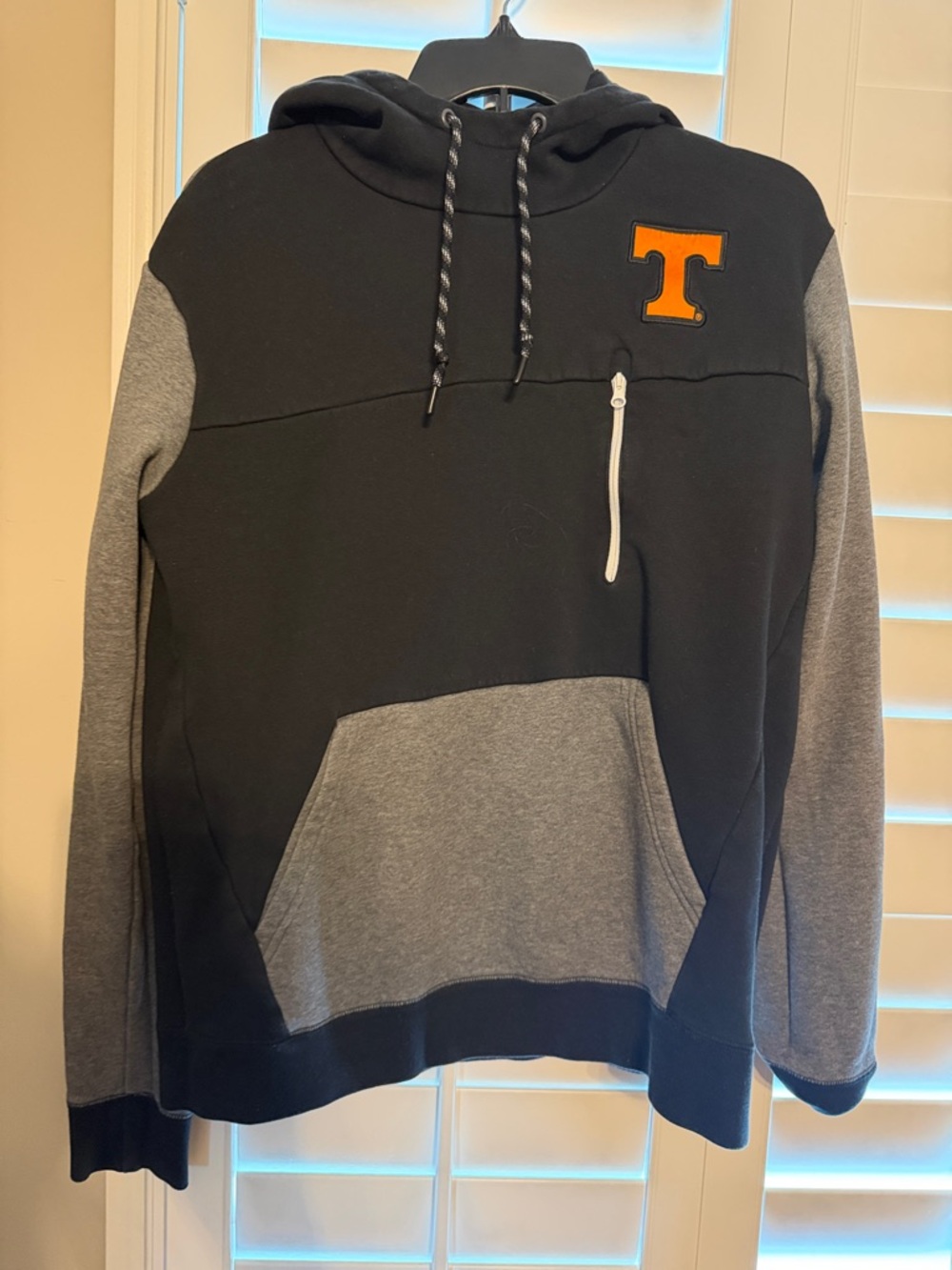 Nike Black and Gray Pullover Hoodie with Orange 'T' Patch